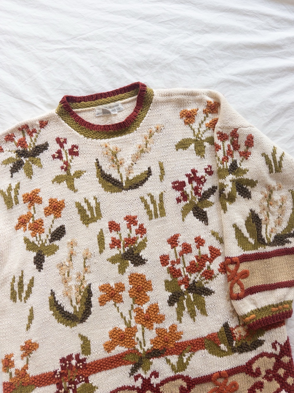 Vintage Floral Crew Neck Sweater in Ramie Cotton, size XL